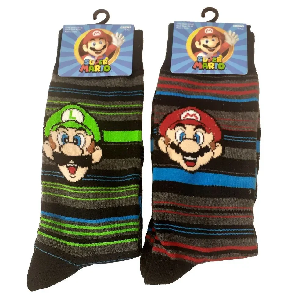 Nintendo Super Mario Luigi Mens 2 Pair Multicolor Striped Crew Socks Sz 6-12 NWT